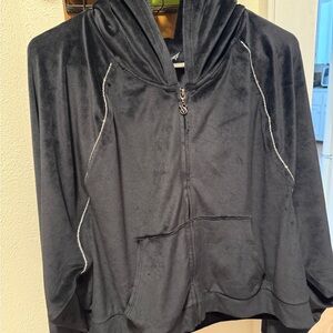 Victorias Secret Velvet Black Zip-Up Hoodie with Rhinestone Accents